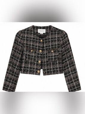 Urban Revivo Tweed Cropped Jacket – Black/Pink – Gold Button Detail Size Medium